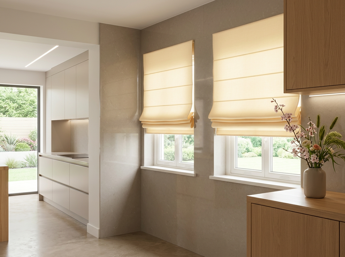 Roman blinds in a cream country kitchen