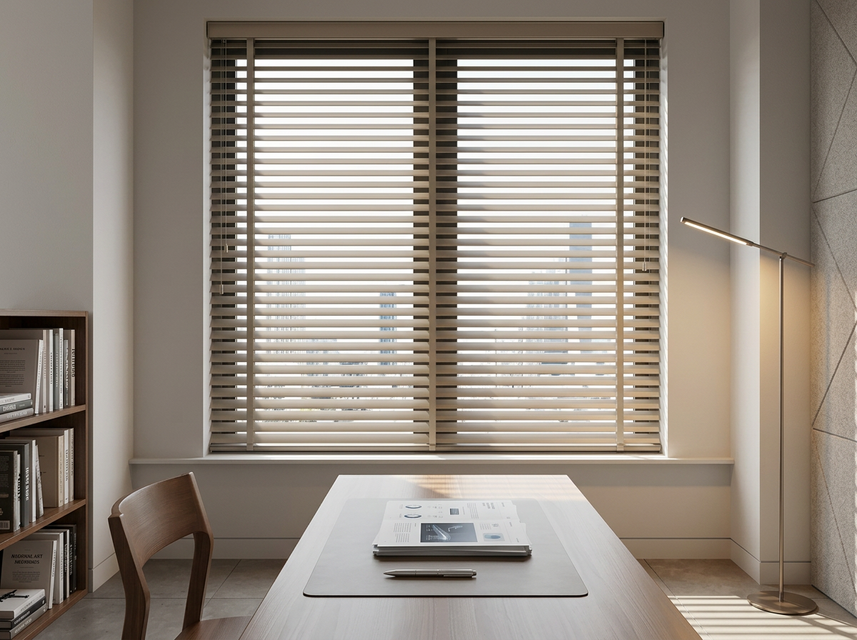 Aluminium Venetian blinds in a sunlit study