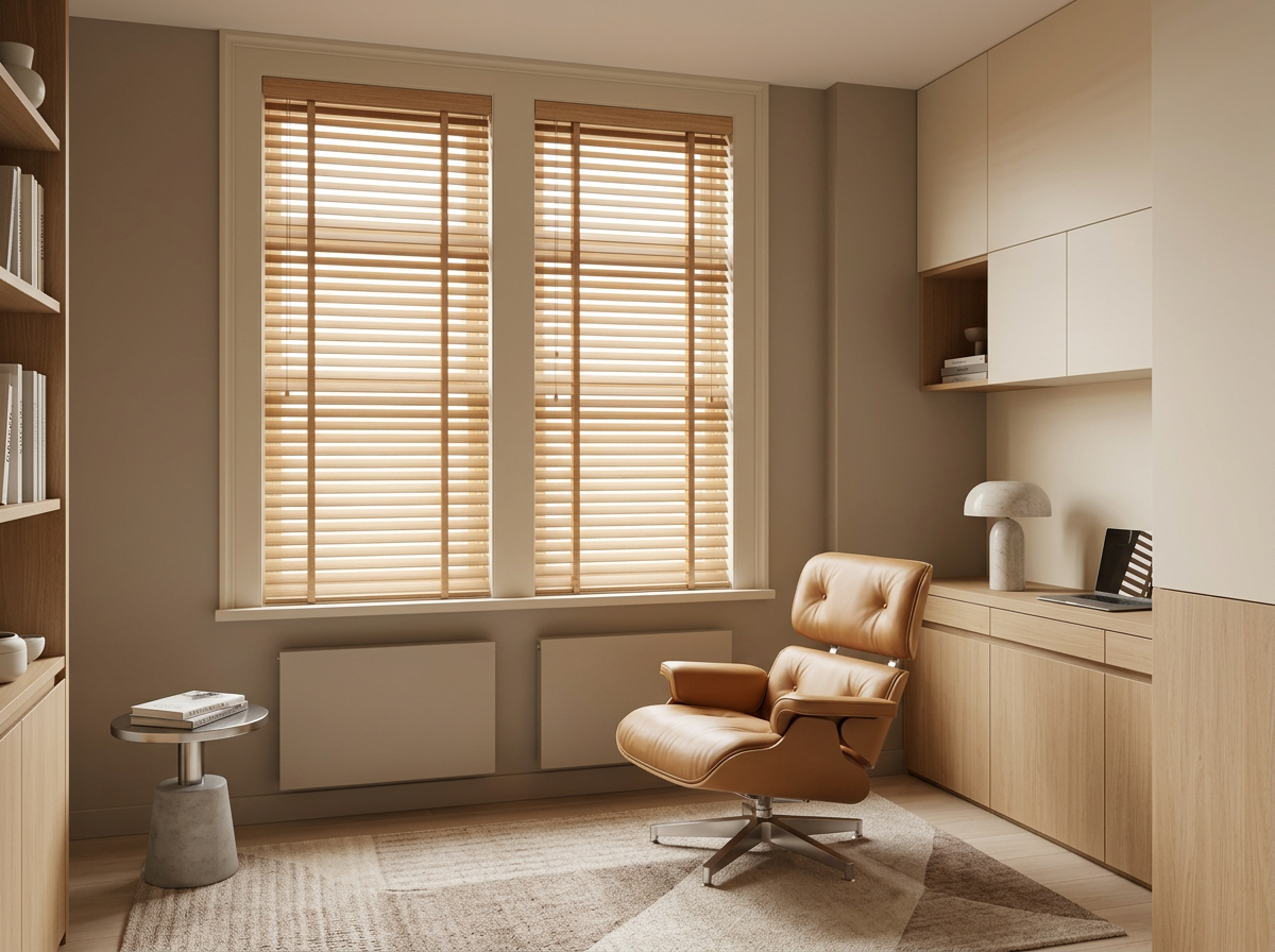 Wooden Venetian blinds in a panelled study