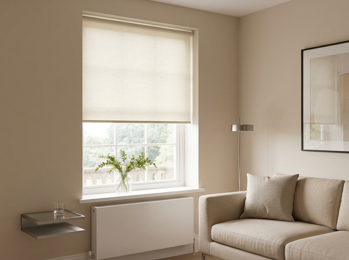 Roman blinds dressed in patterned linen