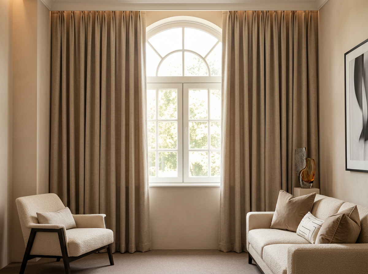 Interlined curtains hanging in deep folds