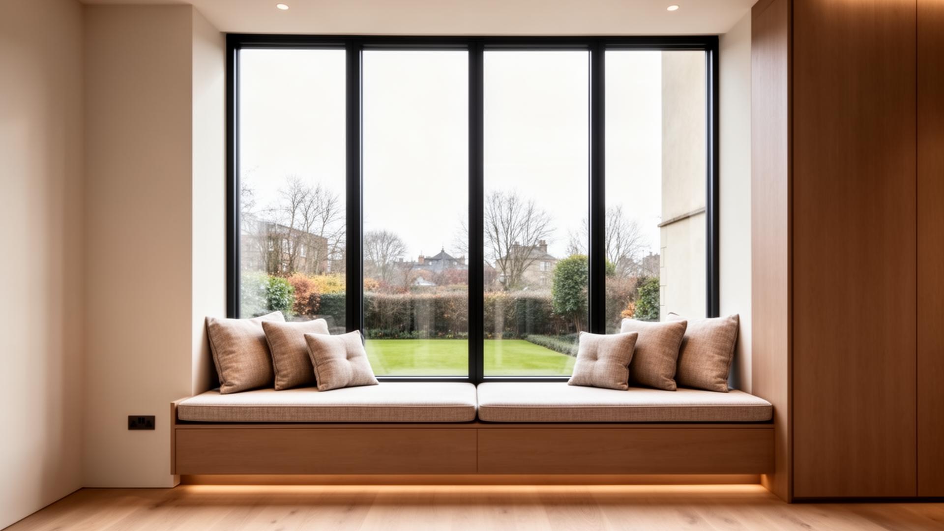 Window seat with bespoke cushion and pillows