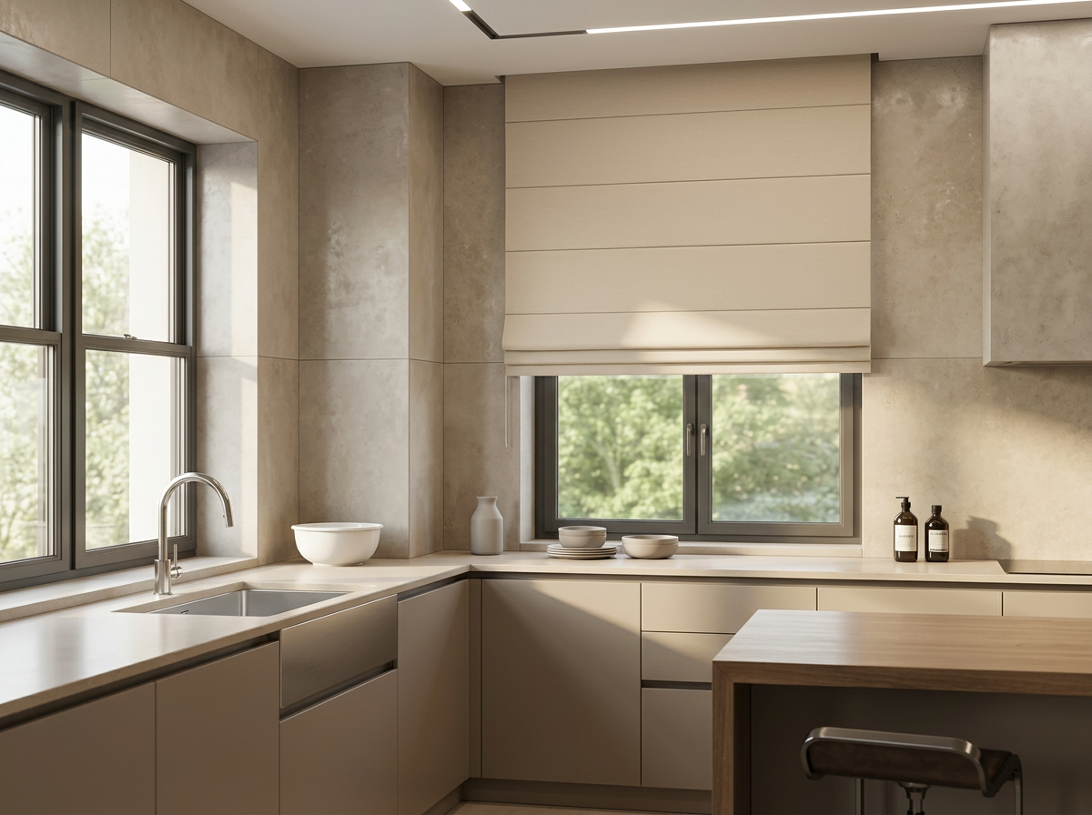 Roman blinds in a sunlit kitchen