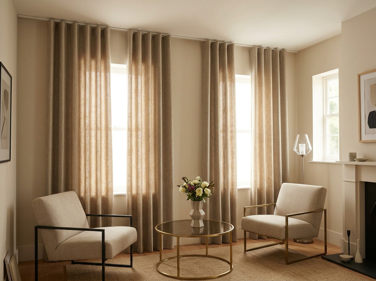 Patterned pinch pleat curtains in a country drawing room